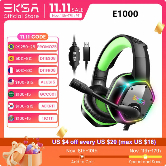 Gaming Headphones For PC/PS4/PS5 EKSA E1000 7.1 Surround RGB